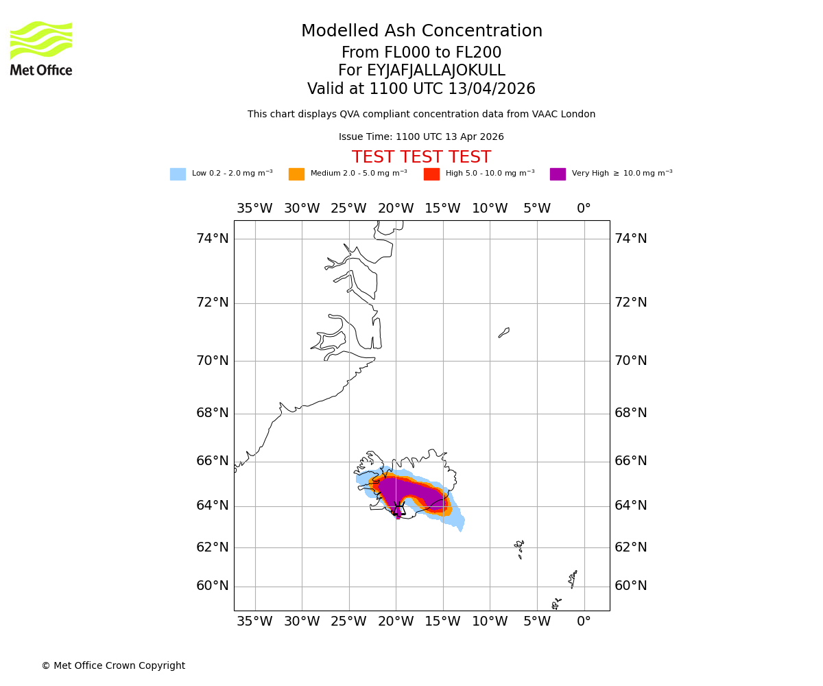 Modelled ash concentration from 000 to 200 for EYJAFJALLAJOKULL. Valid at 1100 UTC 13/04/2026