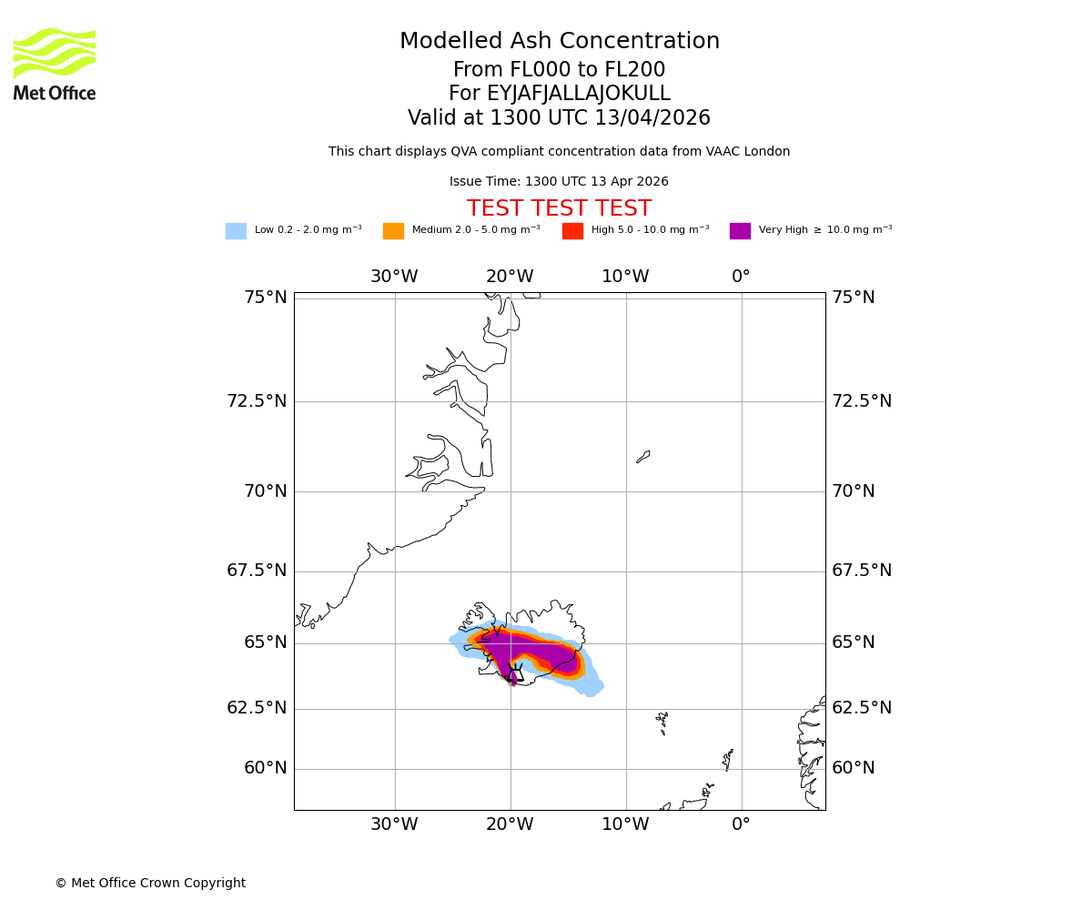 Modelled ash concentration from 000 to 200 for EYJAFJALLAJOKULL. Valid at 1300 UTC 13/04/2026