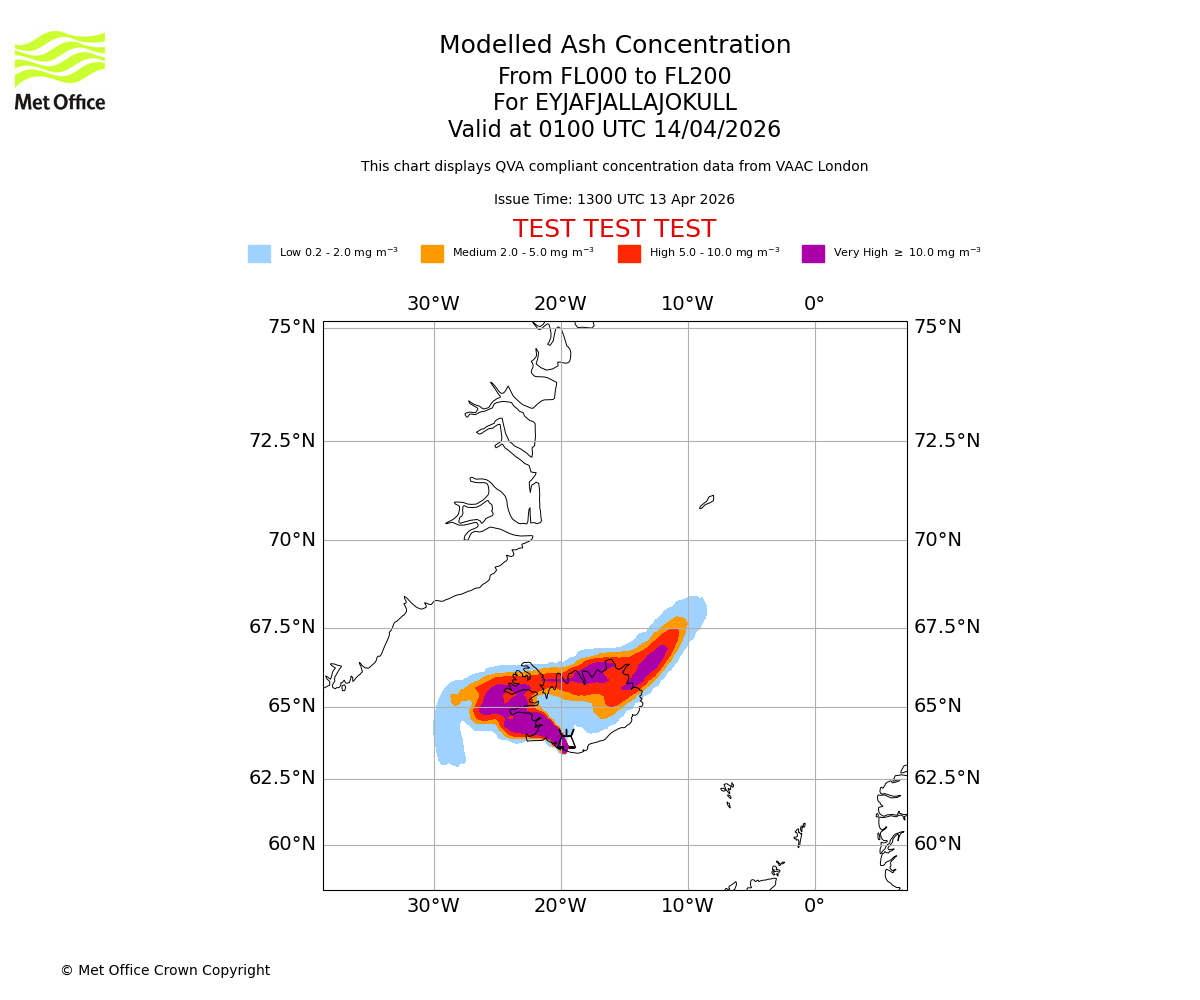Modelled ash concentration from 000 to 200 for EYJAFJALLAJOKULL. Valid at 0100 UTC 14/04/2026