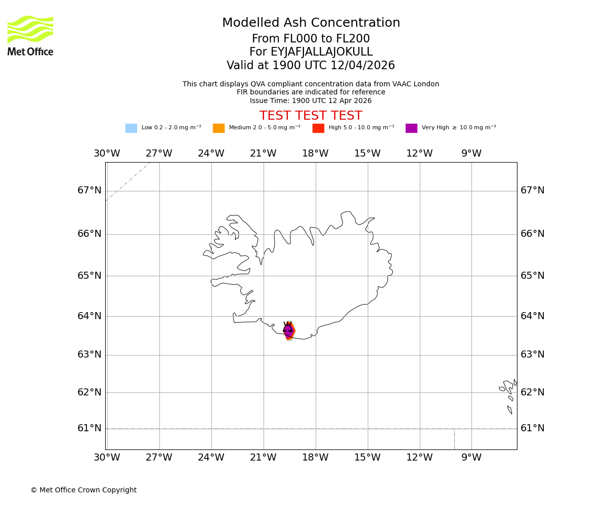 Modelled ash concentration from 000 to 200 for EYJAFJALLAJOKULL. Valid at 1900 UTC 12/04/2026