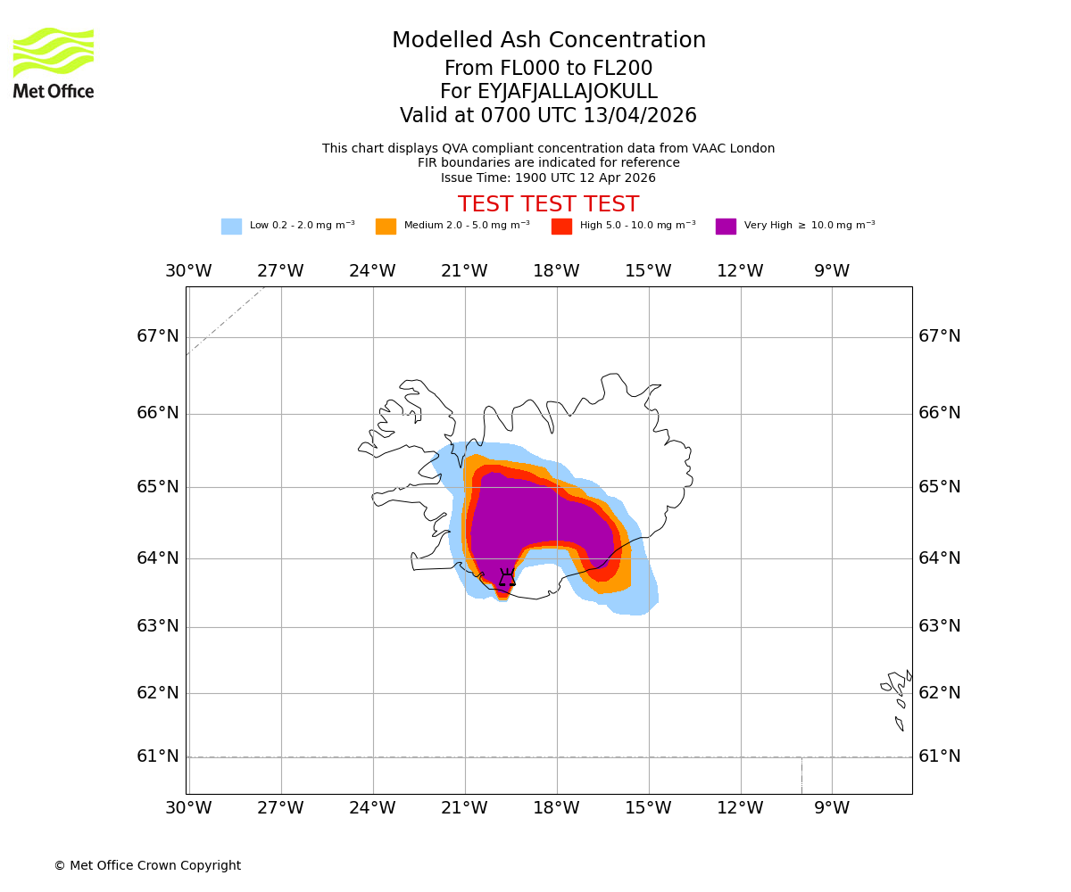 Modelled ash concentration from 000 to 200 for EYJAFJALLAJOKULL. Valid at 0700 UTC 13/04/2026