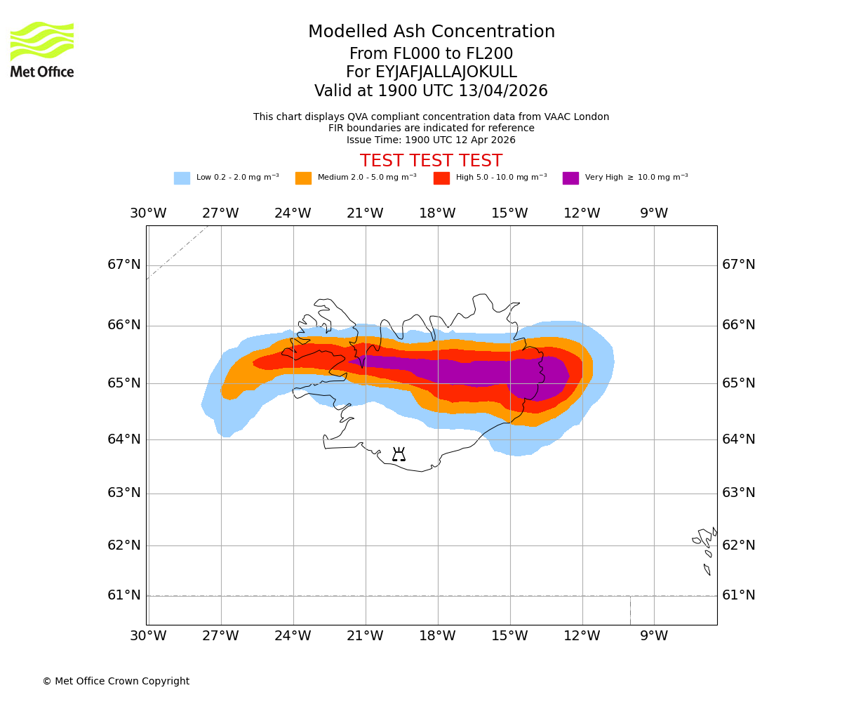 Modelled ash concentration from 000 to 200 for EYJAFJALLAJOKULL. Valid at 1900 UTC 13/04/2026