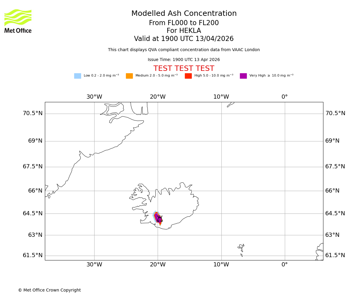 Modelled ash concentration from 000 to 200 for HEKLA. Valid at 1900 UTC 13/04/2026