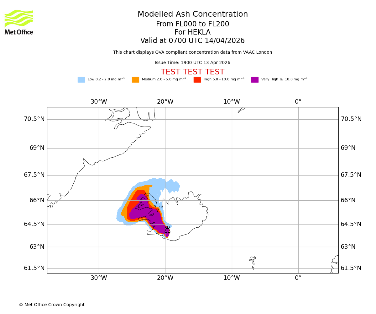 Modelled ash concentration from 000 to 200 for HEKLA. Valid at 0700 UTC 14/04/2026