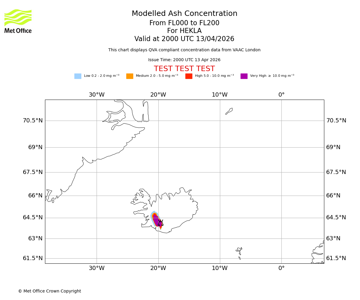 Modelled ash concentration from 000 to 200 for HEKLA. Valid at 2000 UTC 13/04/2026