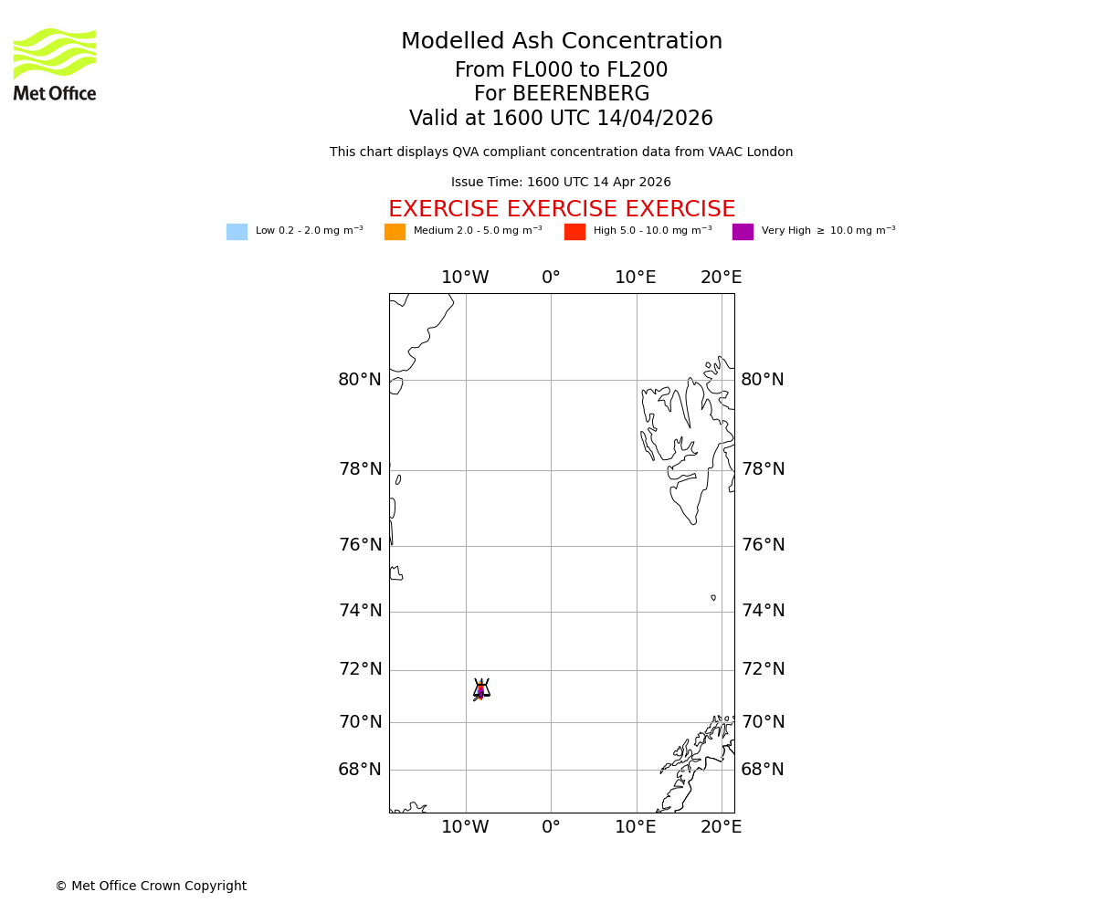 Modelled ash concentration from 000 to 200 for BEERENBERG. Valid at 1600 UTC 14/04/2026
