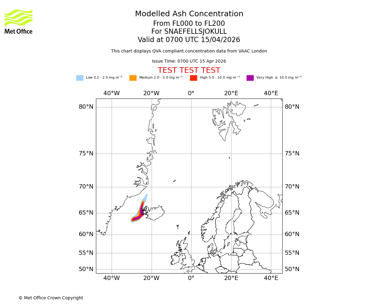 Modelled ash concentration from 000 to 200 for SNAEFELLSJOKULL. Valid at 0700 UTC 15/04/2026