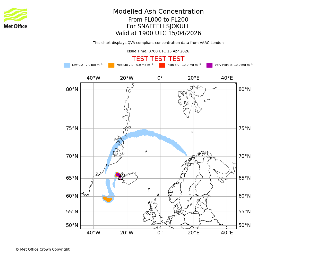 Modelled ash concentration from 000 to 200 for SNAEFELLSJOKULL. Valid at 1900 UTC 15/04/2026
