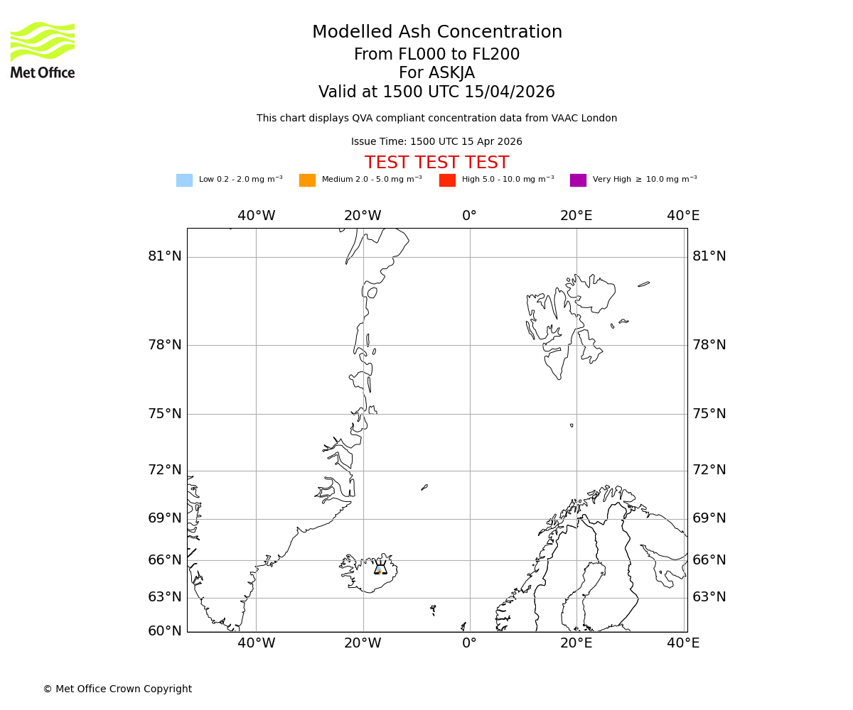 Modelled ash concentration from 000 to 200 for ASKJA. Valid at 1500 UTC 15/04/2026