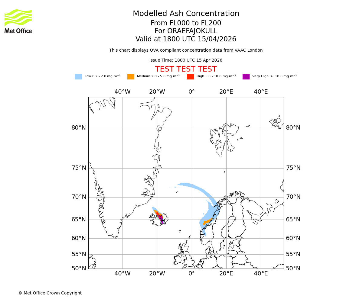Modelled ash concentration from 000 to 200 for ORAEFAJOKULL. Valid at 1800 UTC 15/04/2026