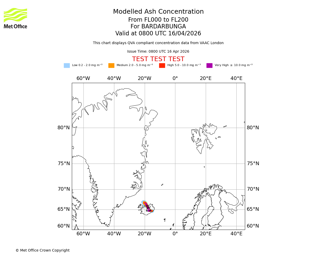 Modelled ash concentration from 000 to 200 for BARDARBUNGA. Valid at 0800 UTC 16/04/2026