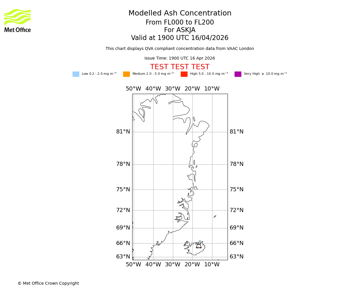Modelled ash concentration from 000 to 200 for ASKJA. Valid at 1900 UTC 16/04/2026