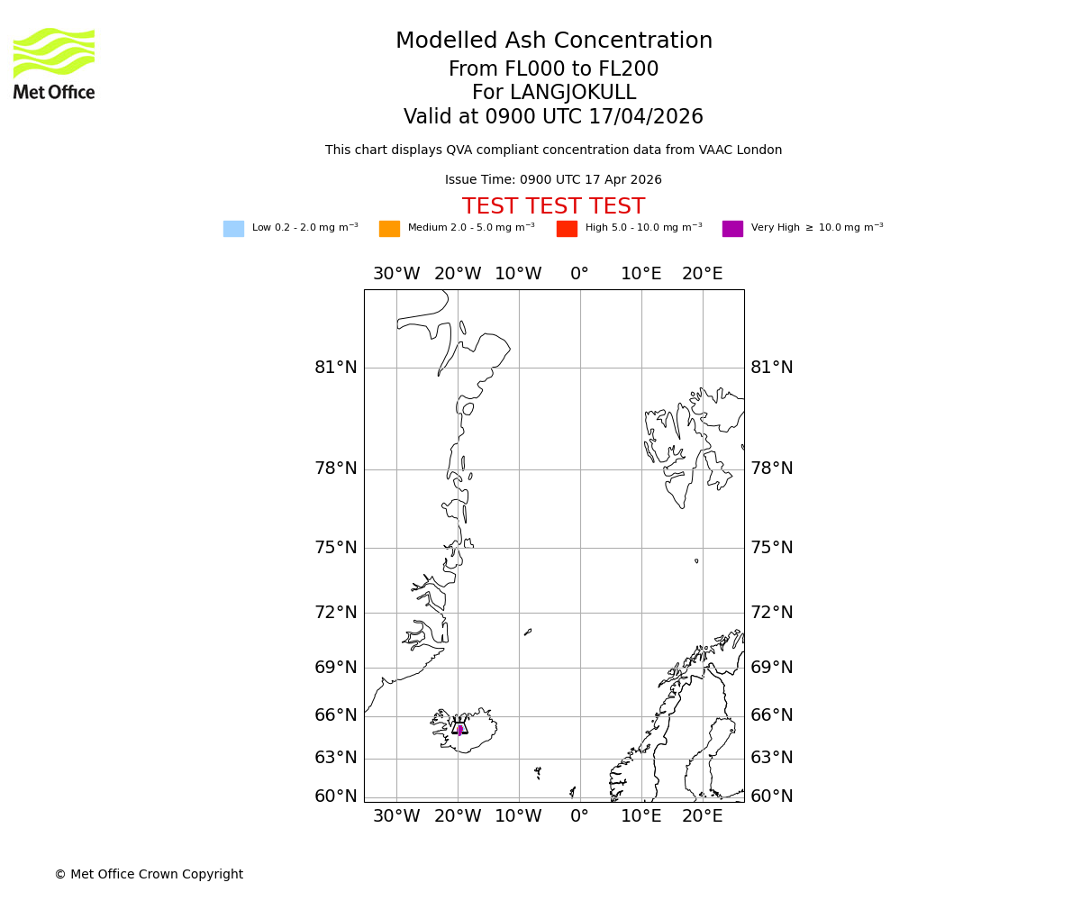 Modelled ash concentration from 000 to 200 for LANGJOKULL. Valid at 0900 UTC 17/04/2026