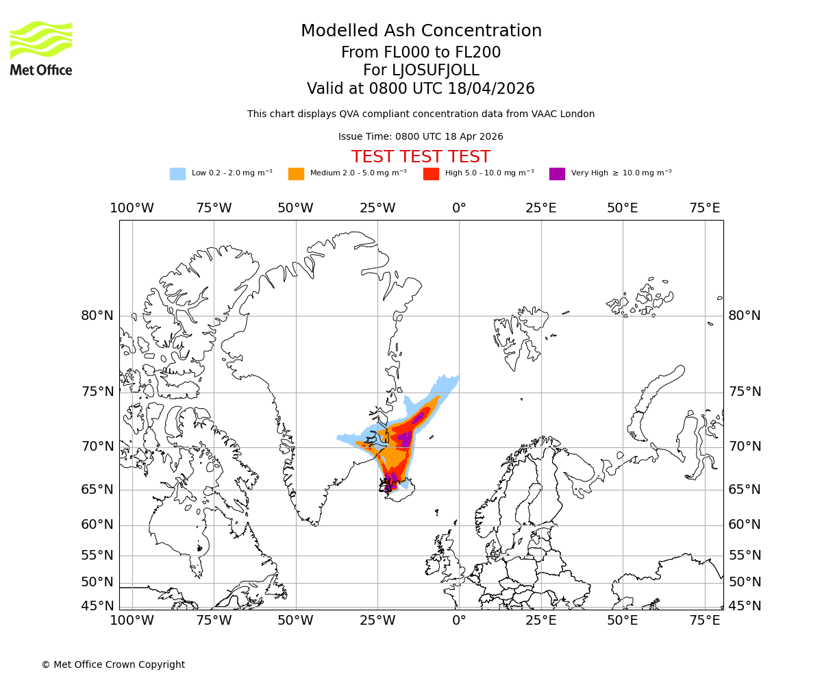 Modelled ash concentration from 000 to 200 for LJOSUFJOLL. Valid at 0800 UTC 18/04/2026