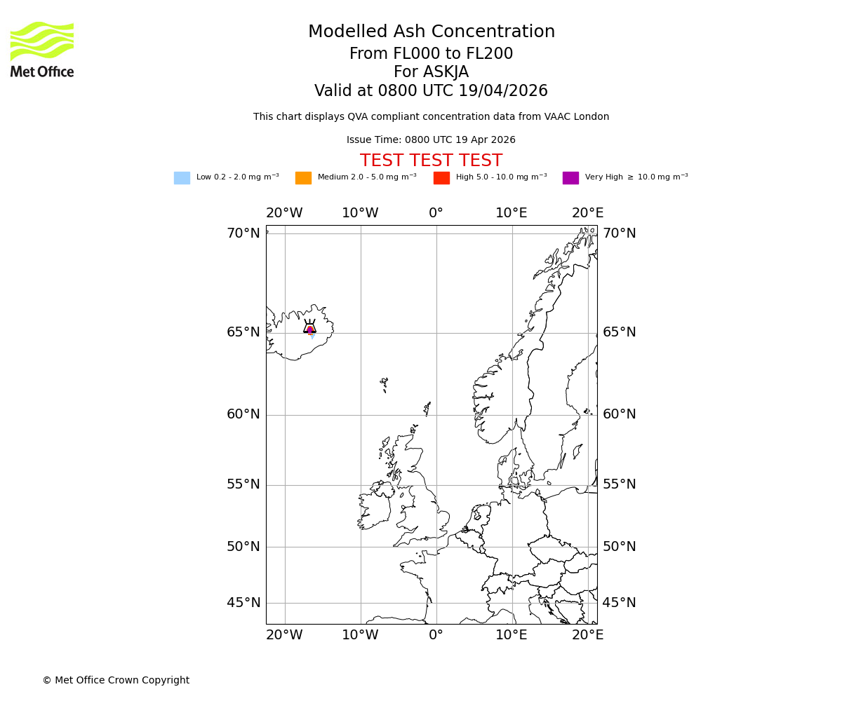 Modelled ash concentration from 000 to 200 for ASKJA. Valid at 0800 UTC 19/04/2026