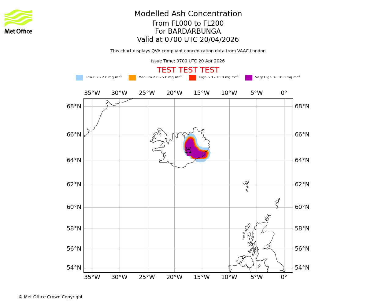 Modelled ash concentration from 000 to 200 for BARDARBUNGA. Valid at 0700 UTC 20/04/2026