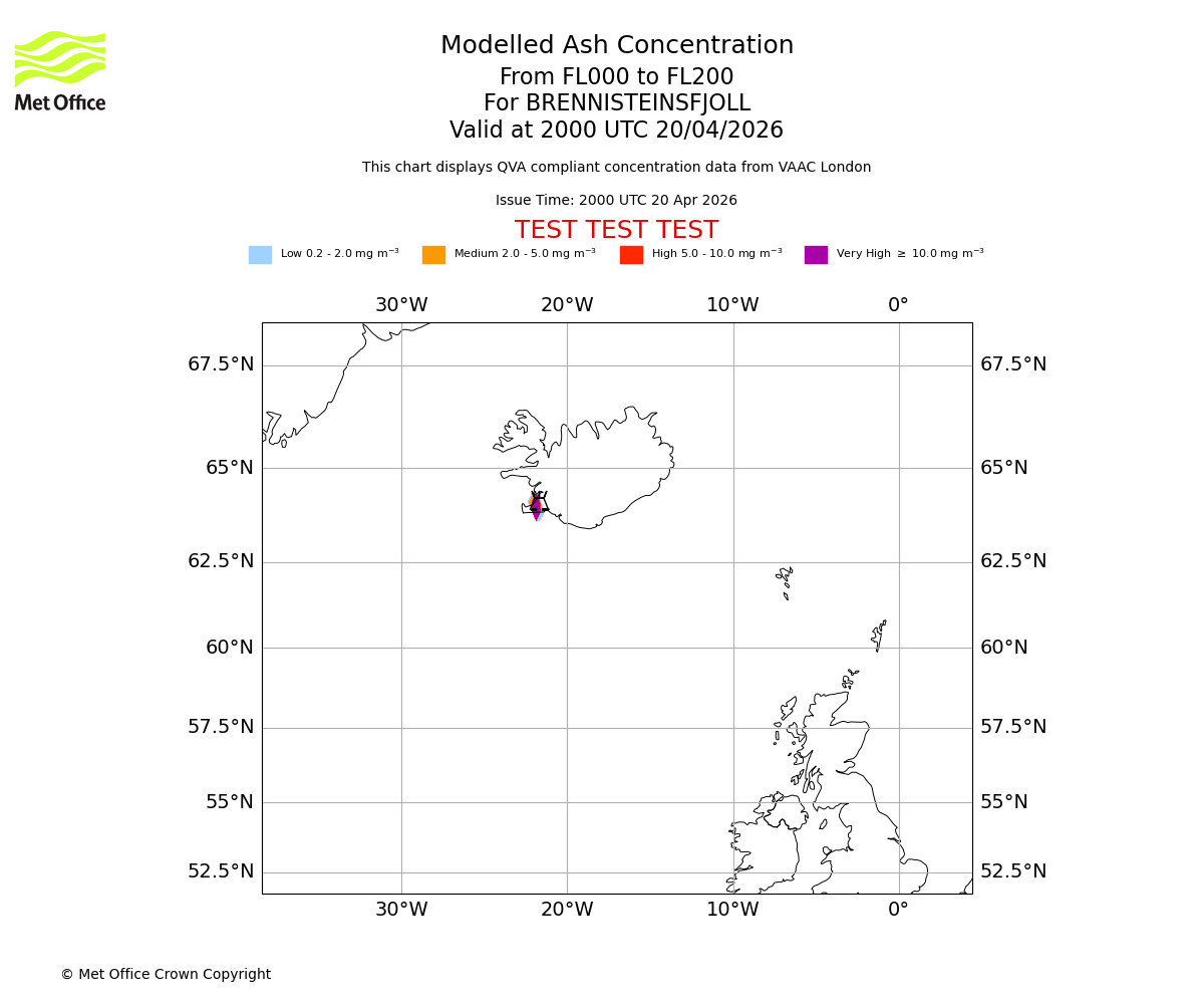 Modelled ash concentration from 000 to 200 for BRENNISTEINSFJOLL. Valid at 2000 UTC 20/04/2026