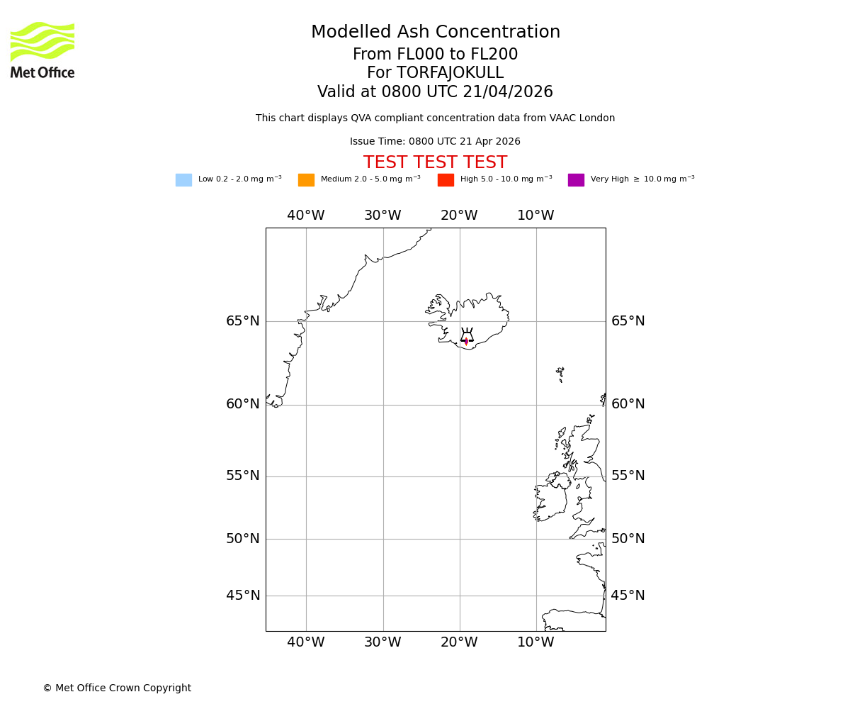 Modelled ash concentration from 000 to 200 for TORFAJOKULL. Valid at 0800 UTC 21/04/2026