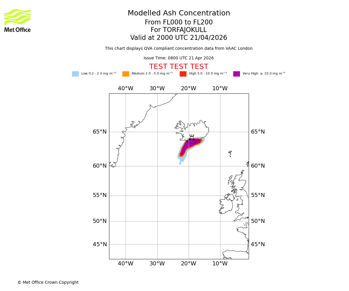 Modelled ash concentration from 000 to 200 for TORFAJOKULL. Valid at 2000 UTC 21/04/2026
