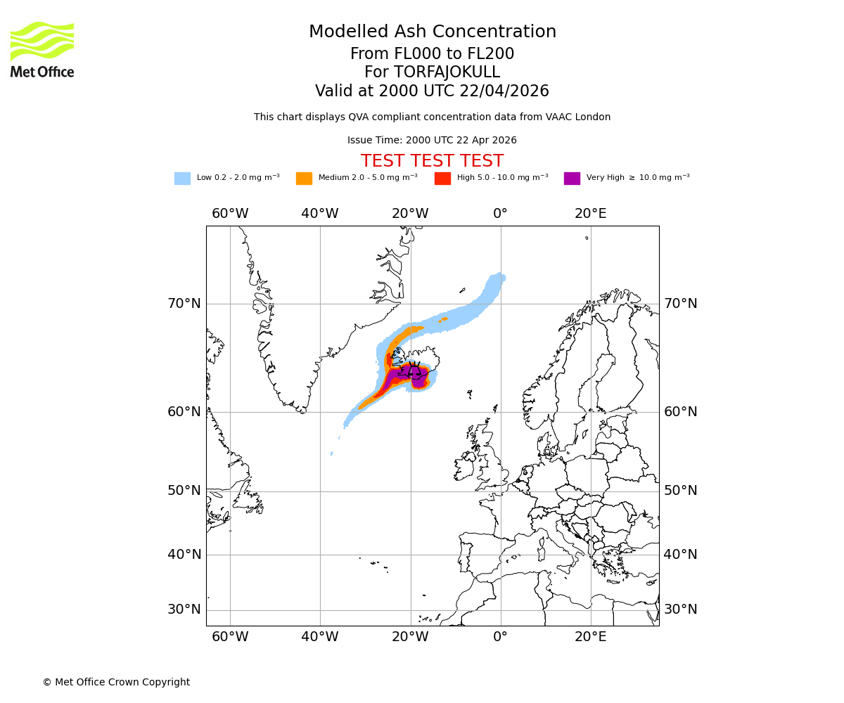 Modelled ash concentration from 000 to 200 for TORFAJOKULL. Valid at 2000 UTC 22/04/2026