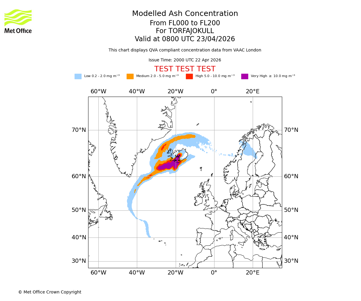 Modelled ash concentration from 000 to 200 for TORFAJOKULL. Valid at 0800 UTC 23/04/2026