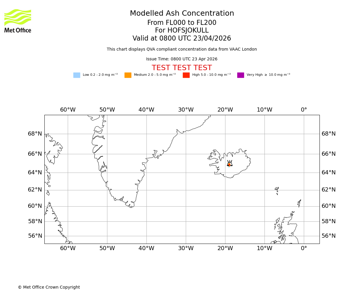 Modelled ash concentration from 000 to 200 for HOFSJOKULL. Valid at 0800 UTC 23/04/2026