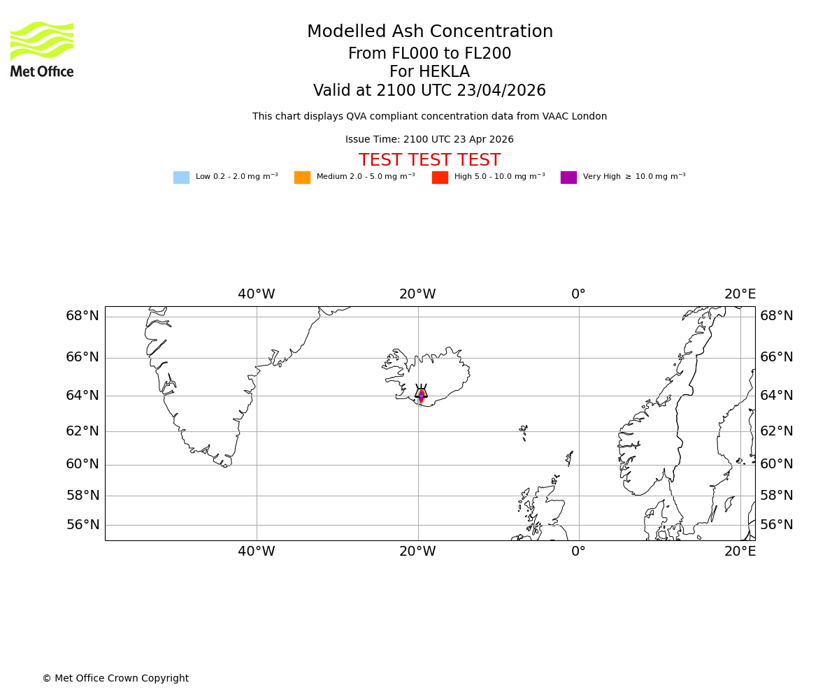 Modelled ash concentration from 000 to 200 for HEKLA. Valid at 2100 UTC 23/04/2026