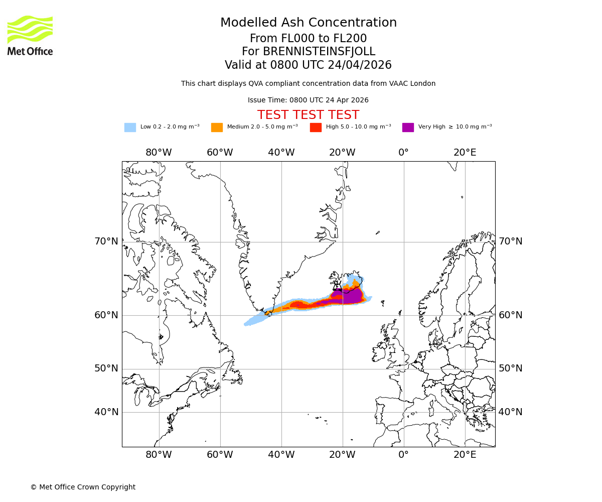 Modelled ash concentration from 000 to 200 for BRENNISTEINSFJOLL. Valid at 0800 UTC 24/04/2026