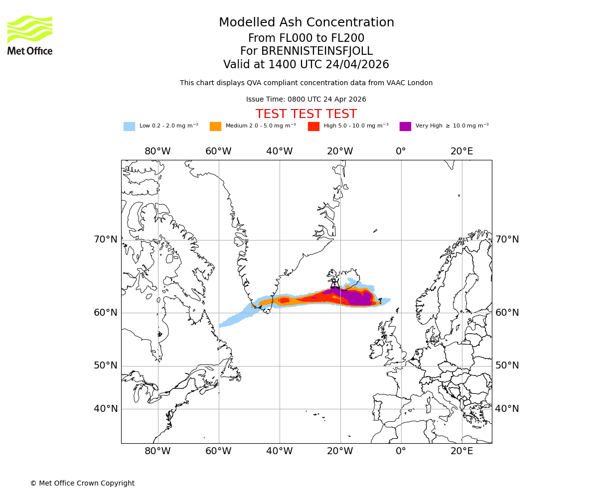 Modelled ash concentration from 000 to 200 for BRENNISTEINSFJOLL. Valid at 1400 UTC 24/04/2026