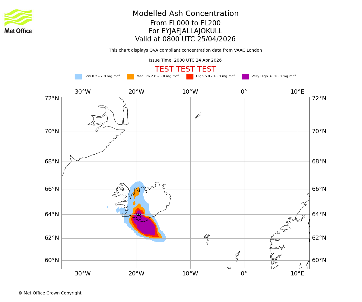 Modelled ash concentration from 000 to 200 for EYJAFJALLAJOKULL. Valid at 0800 UTC 25/04/2026