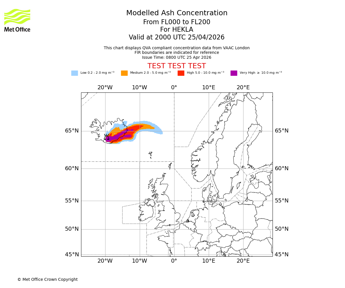 Modelled ash concentration from 000 to 200 for HEKLA. Valid at 2000 UTC 25/04/2026