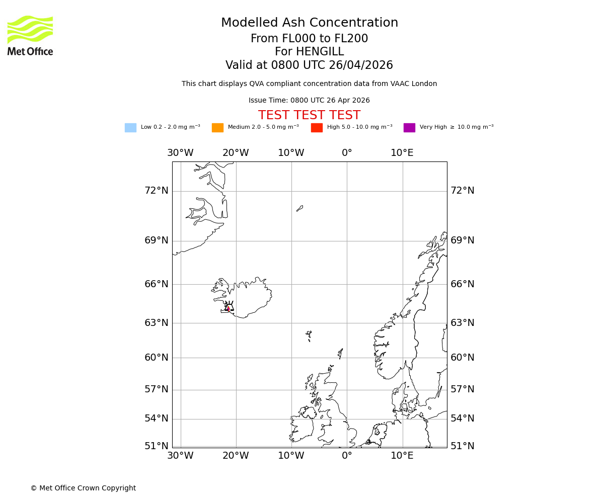 Modelled ash concentration from 000 to 200 for HENGILL. Valid at 0800 UTC 26/04/2026