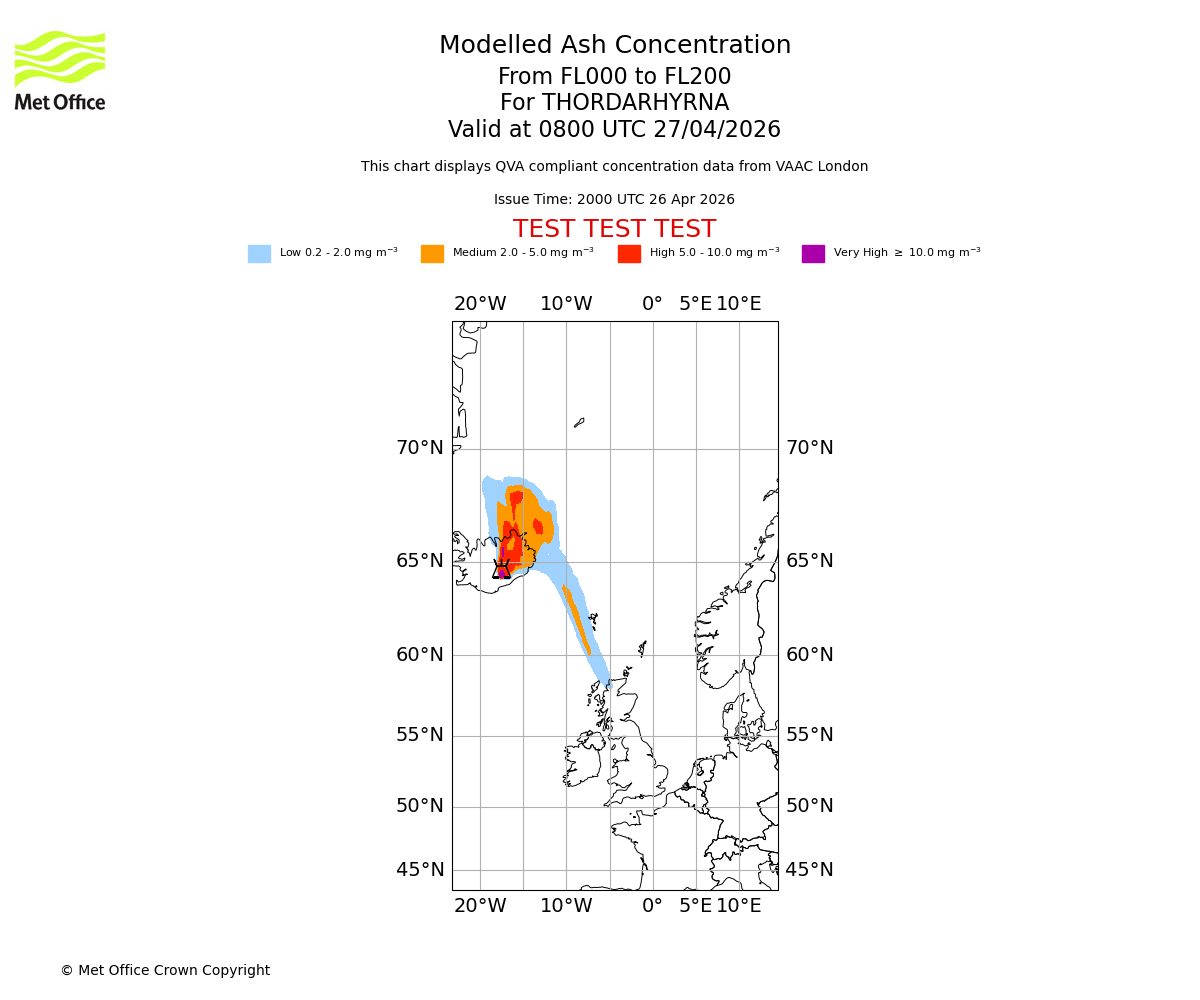 Modelled ash concentration from 000 to 200 for THORDARHYRNA. Valid at 0800 UTC 27/04/2026