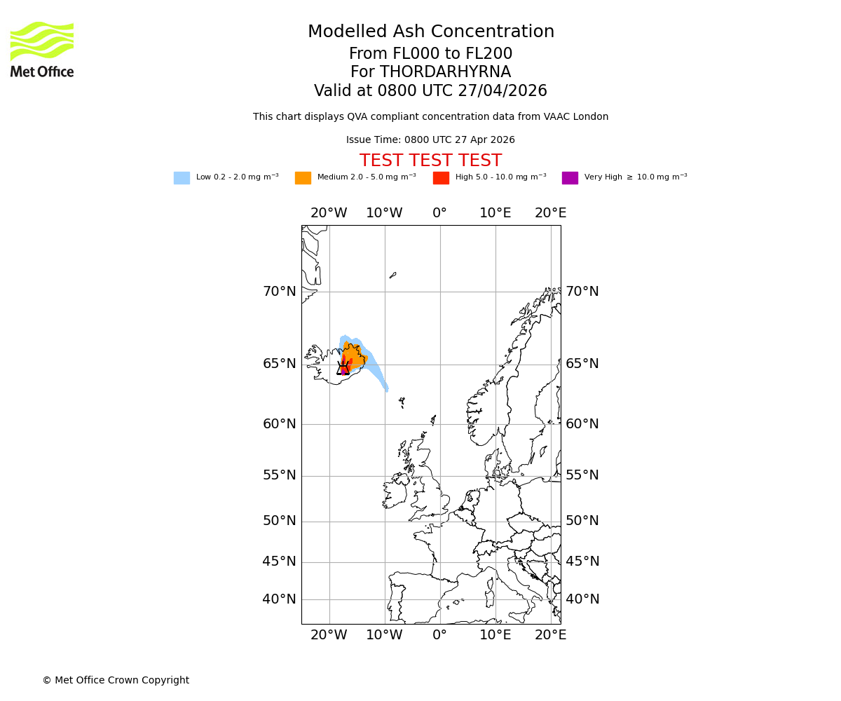 Modelled ash concentration from 000 to 200 for THORDARHYRNA. Valid at 0800 UTC 27/04/2026