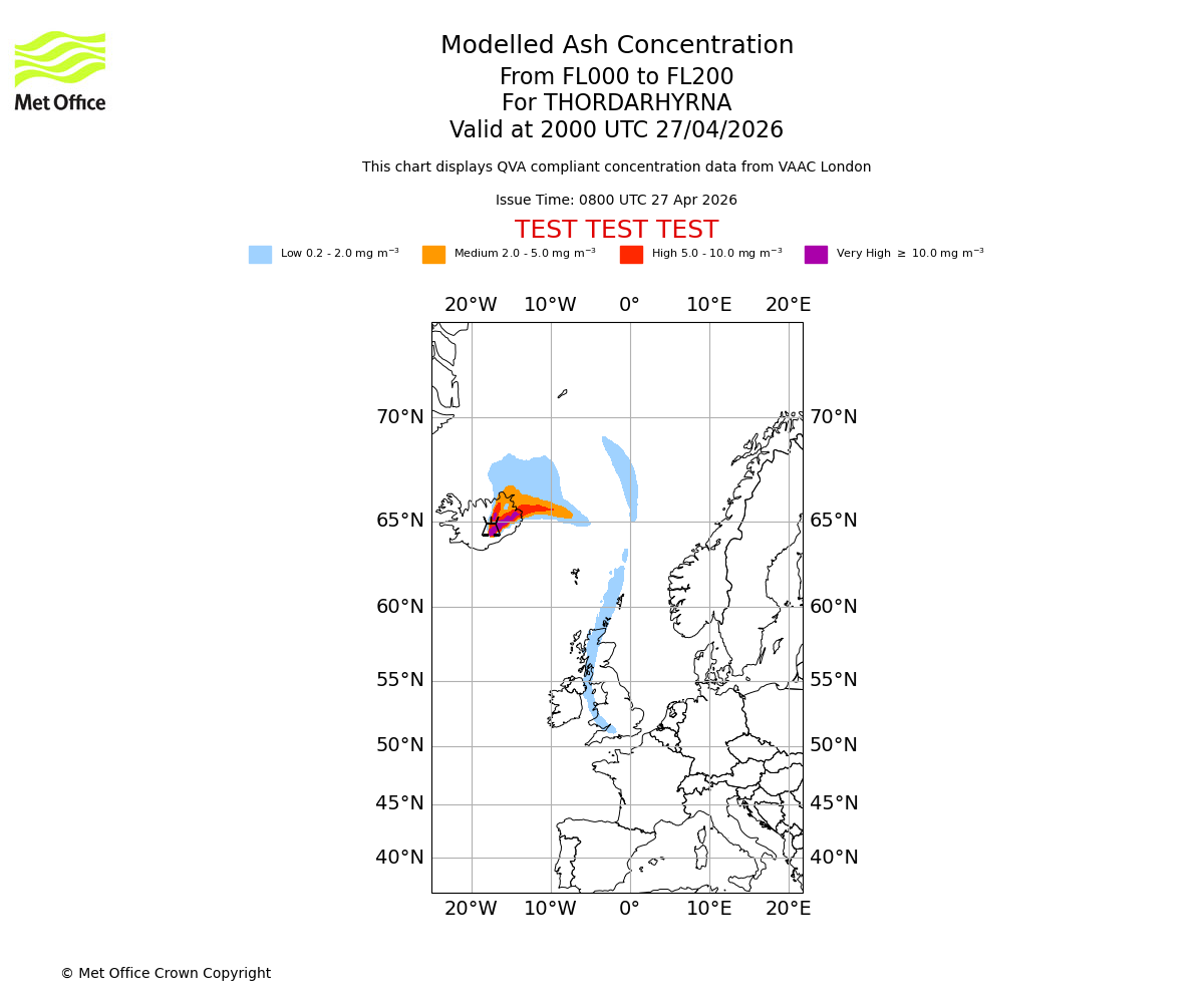 Modelled ash concentration from 000 to 200 for THORDARHYRNA. Valid at 2000 UTC 27/04/2026