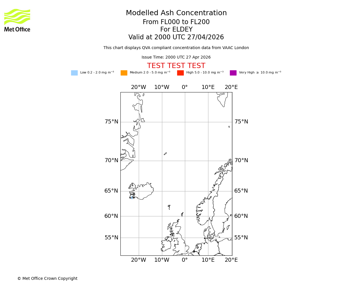Modelled ash concentration from 000 to 200 for ELDEY. Valid at 2000 UTC 27/04/2026