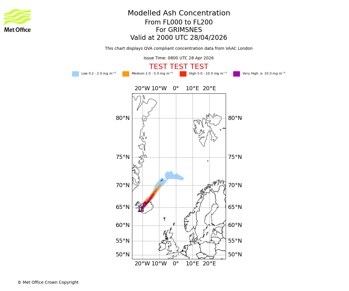 Modelled ash concentration from 000 to 200 for GRIMSNES. Valid at 2000 UTC 28/04/2026