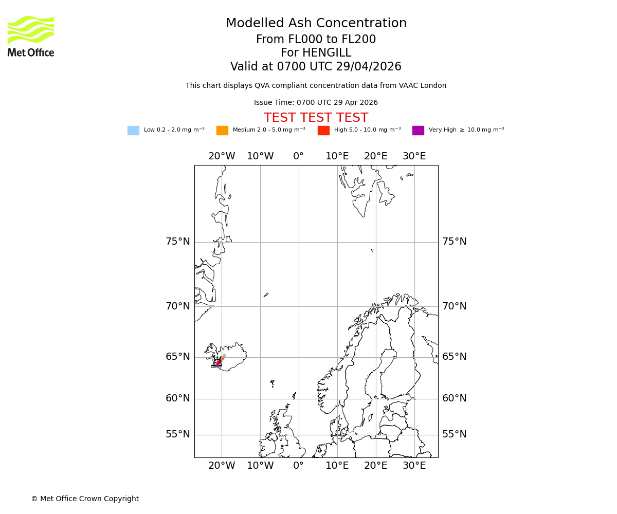 Modelled ash concentration from 000 to 200 for HENGILL. Valid at 0700 UTC 29/04/2026