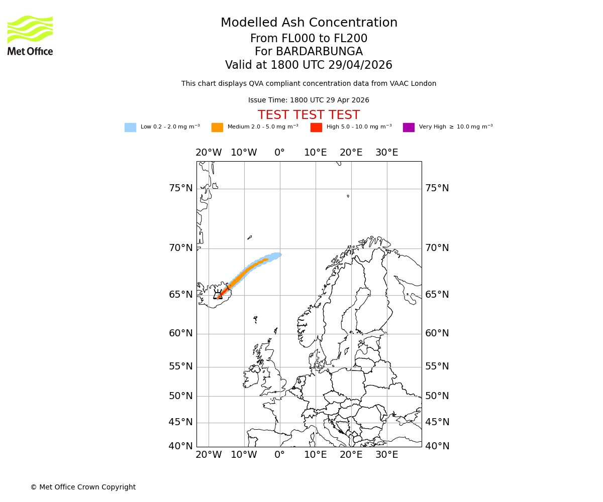 Modelled ash concentration from 000 to 200 for BARDARBUNGA. Valid at 1800 UTC 29/04/2026