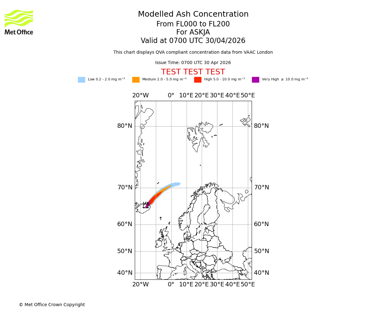 Modelled ash concentration from 000 to 200 for ASKJA. Valid at 0700 UTC 30/04/2026