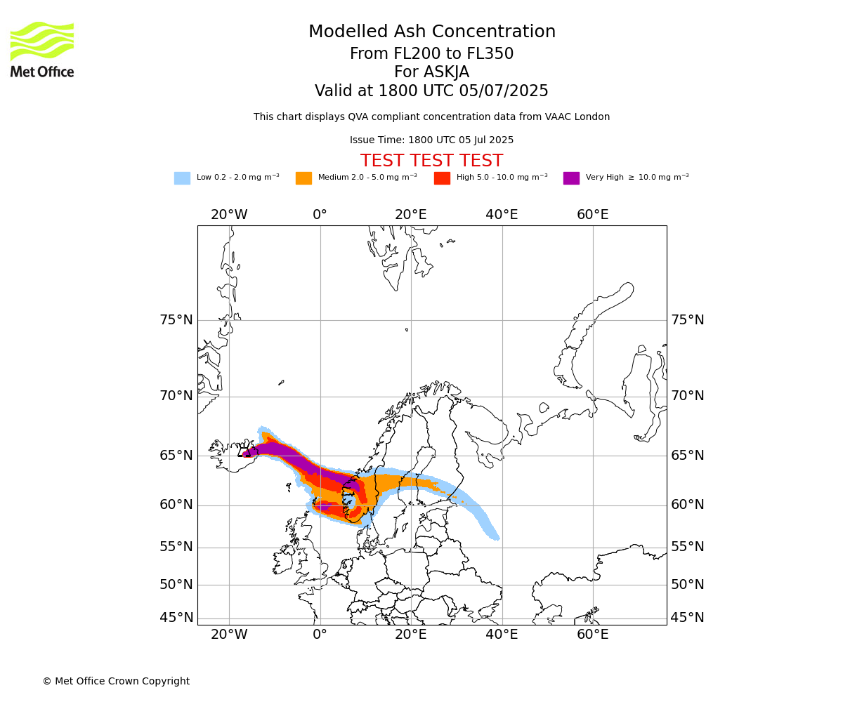 Modelled ash concentration from 200 to 350 for ASKJA. Valid at 1800 UTC 05/07/2025
