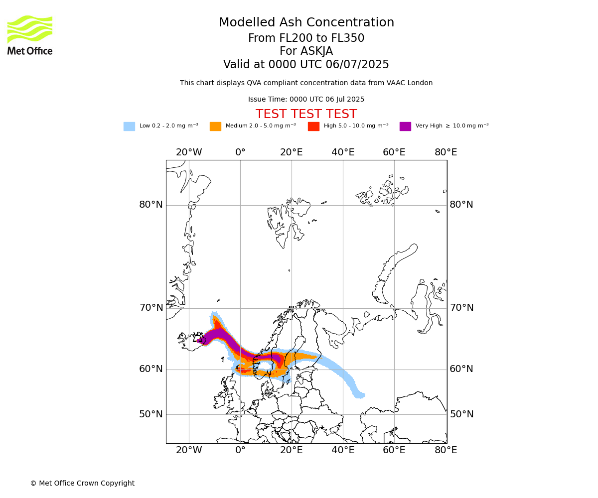 Modelled ash concentration from 200 to 350 for ASKJA. Valid at 0000 UTC 06/07/2025
