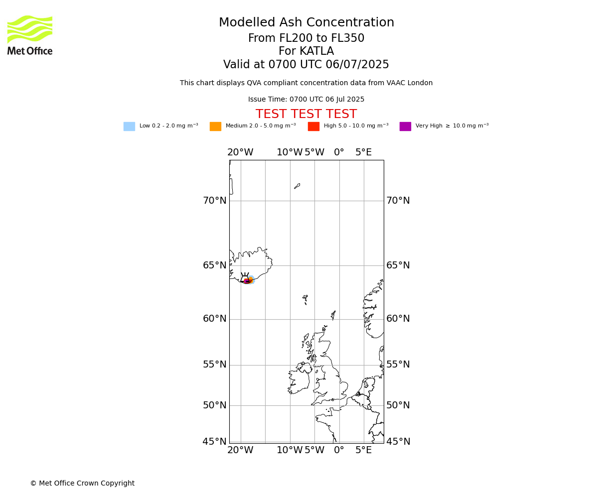Modelled ash concentration from 200 to 350 for KATLA. Valid at 0700 UTC 06/07/2025