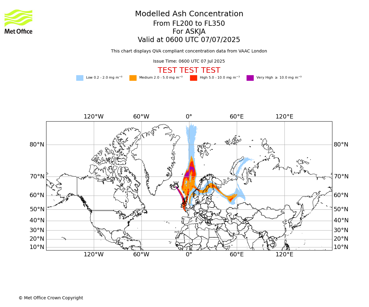 Modelled ash concentration from 200 to 350 for ASKJA. Valid at 0600 UTC 07/07/2025