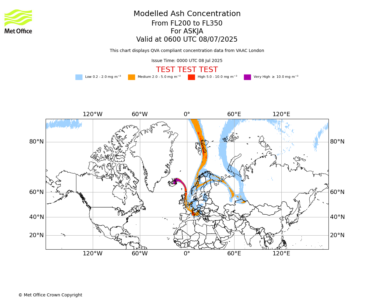 Modelled ash concentration from 200 to 350 for ASKJA. Valid at 0600 UTC 08/07/2025