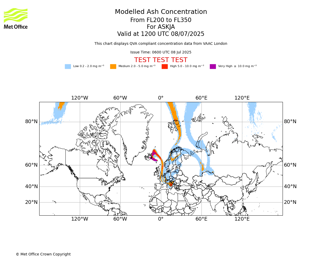Modelled ash concentration from 200 to 350 for ASKJA. Valid at 1200 UTC 08/07/2025