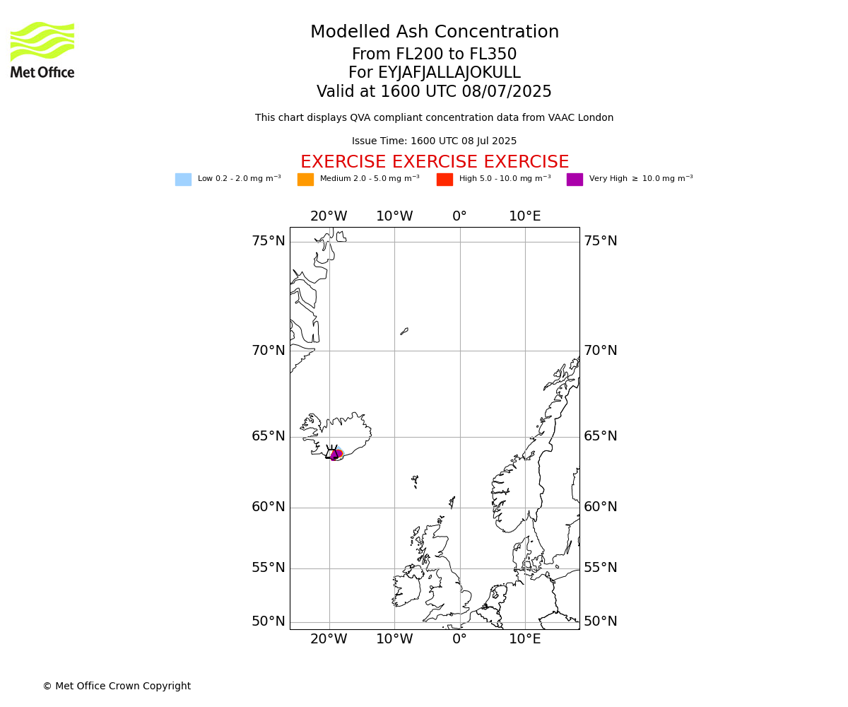 Modelled ash concentration from 200 to 350 for EYJAFJALLAJOKULL. Valid at 1600 UTC 08/07/2025