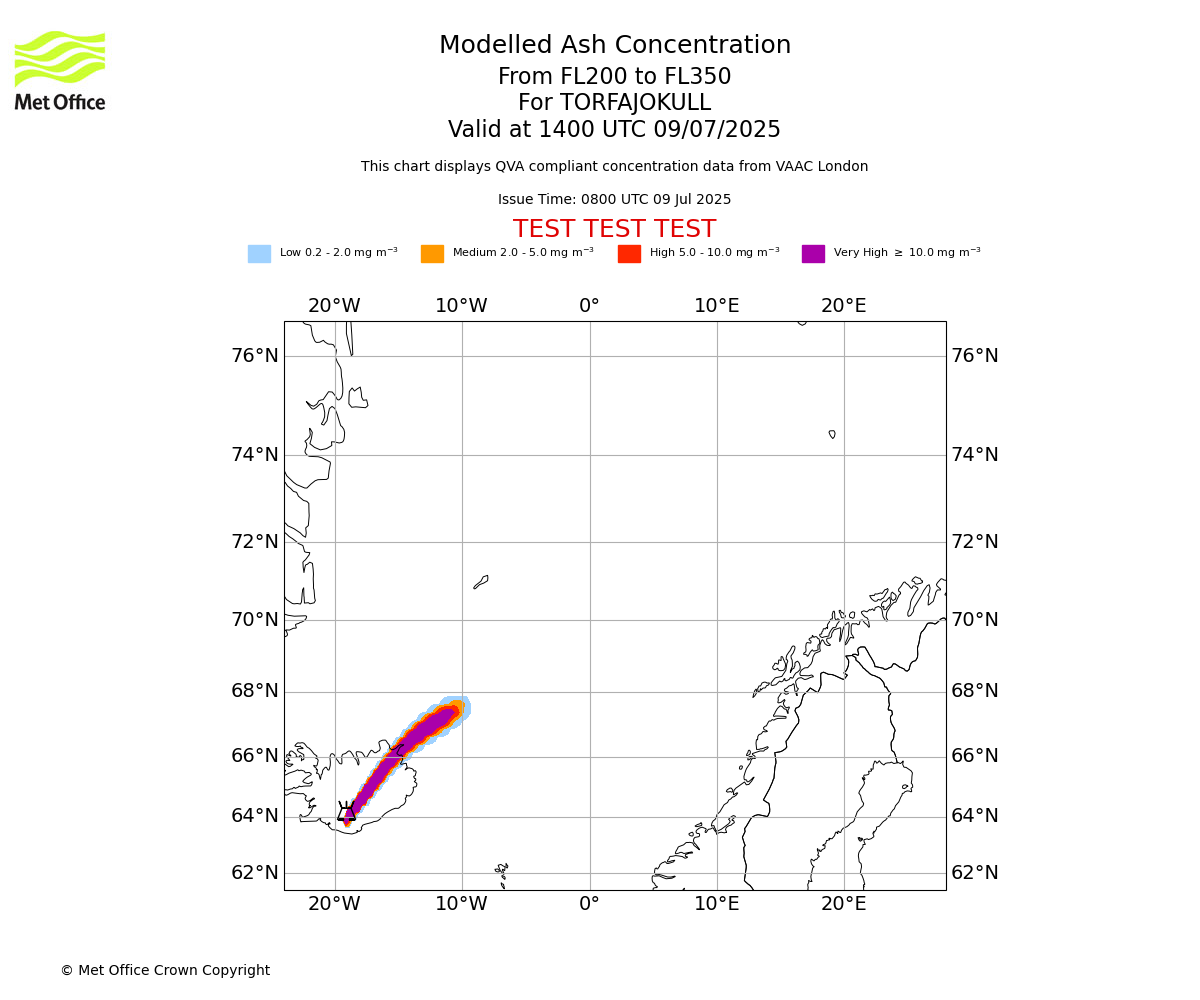 Modelled ash concentration from 200 to 350 for TORFAJOKULL. Valid at 1400 UTC 09/07/2025