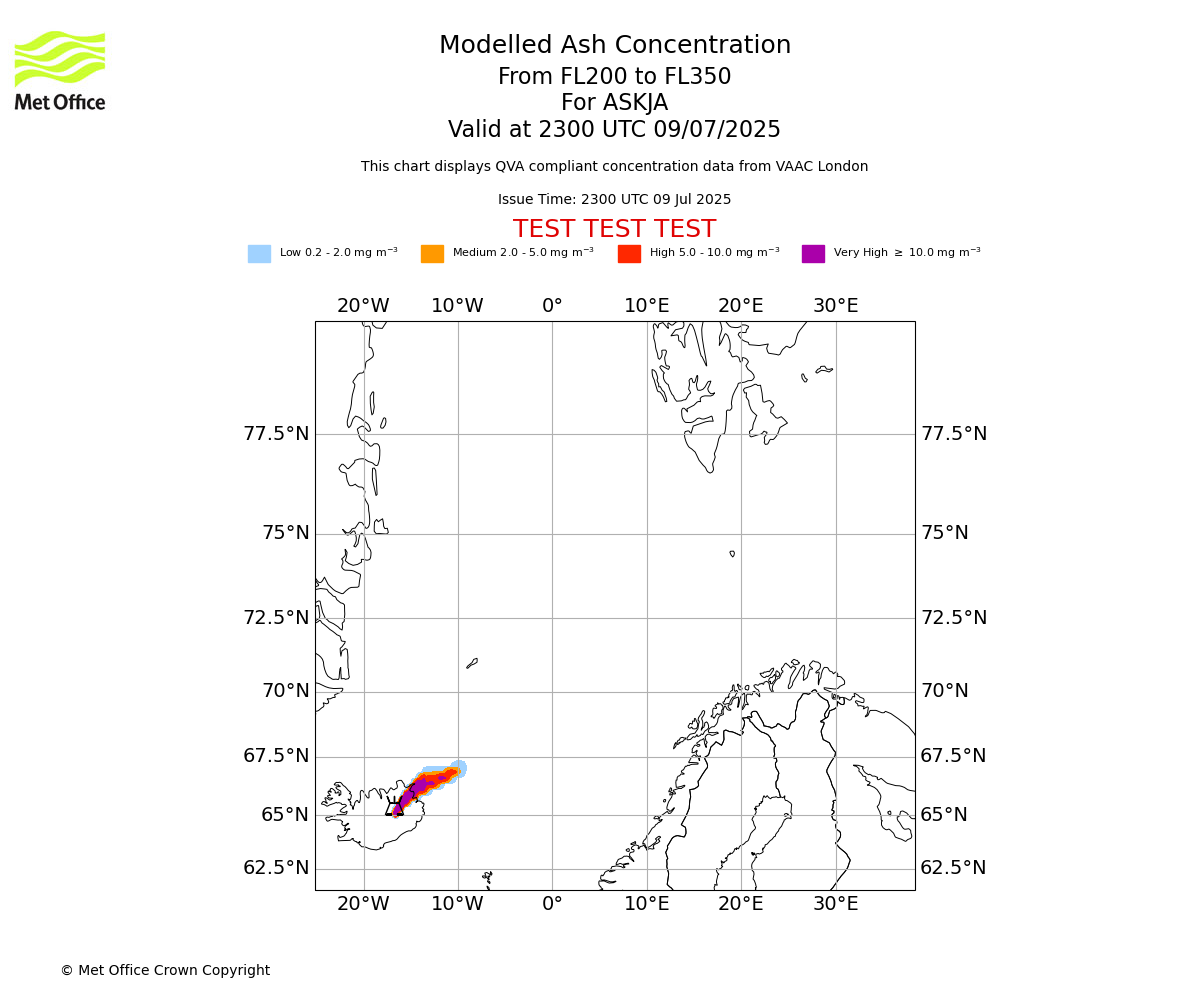 Modelled ash concentration from 200 to 350 for ASKJA. Valid at 2300 UTC 09/07/2025