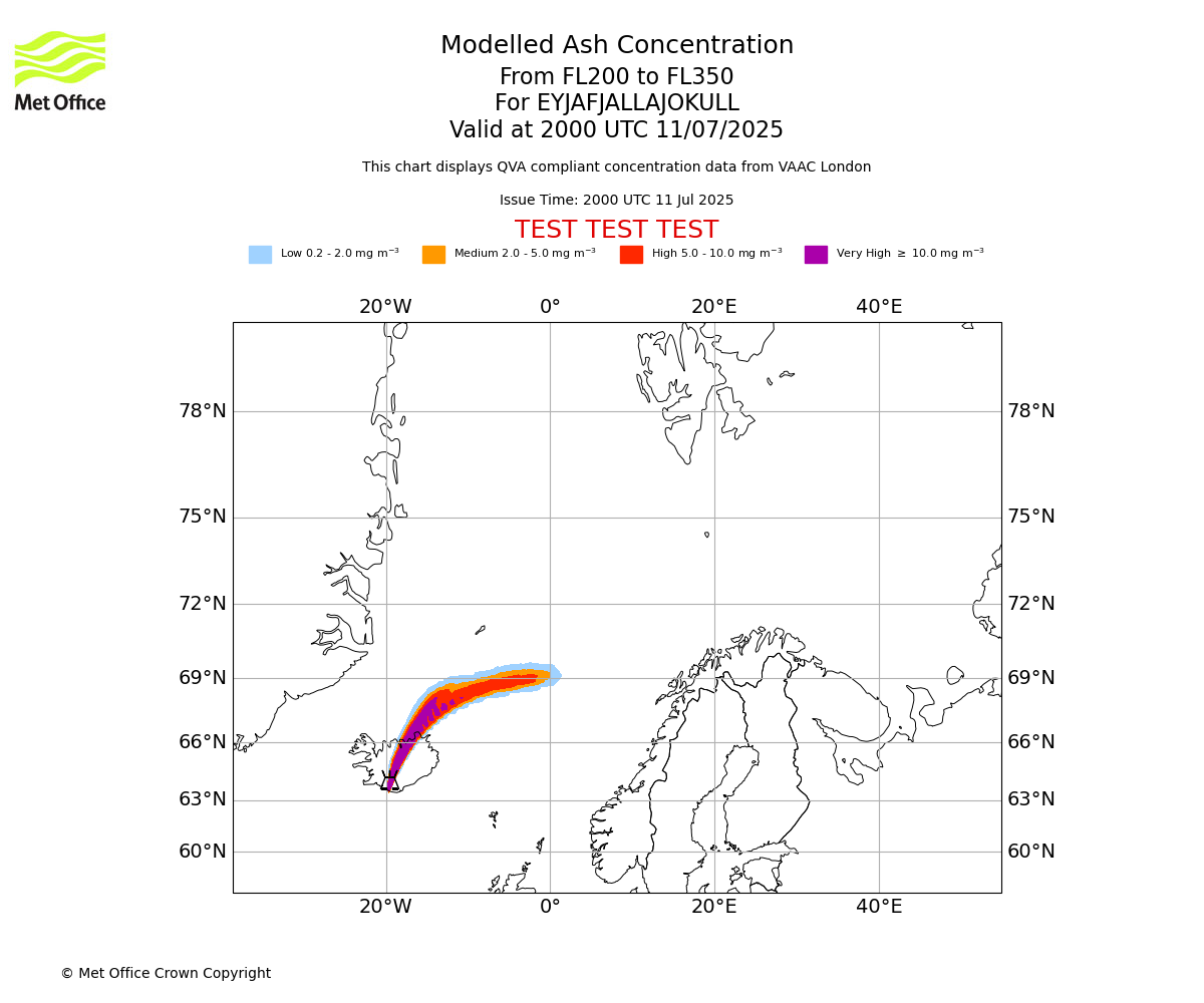 Modelled ash concentration from 200 to 350 for EYJAFJALLAJOKULL. Valid at 2000 UTC 11/07/2025